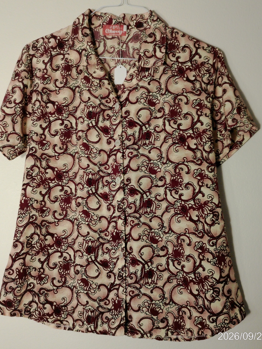 Cherry LA Cream Short-Sleeve Button-Up with Maroon Scroll Print